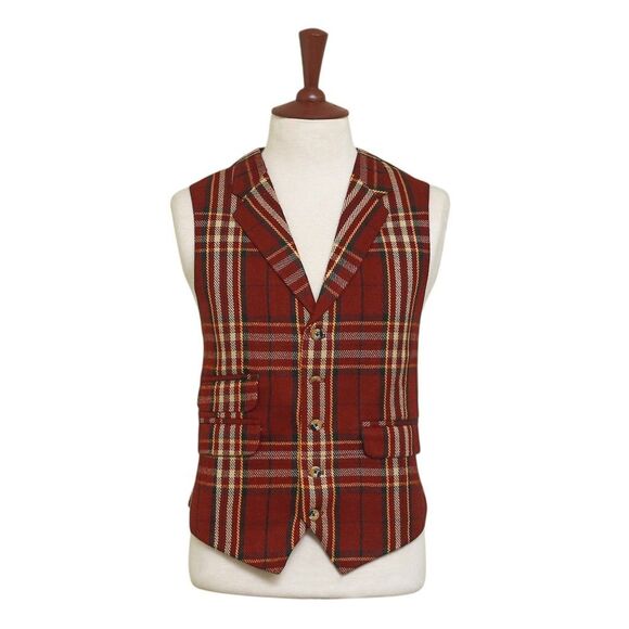 Mens Vest 44R Plaid Wool Burgundy Yellow Waistcoat Western Formal Wedding Party - Picture 1 of 9